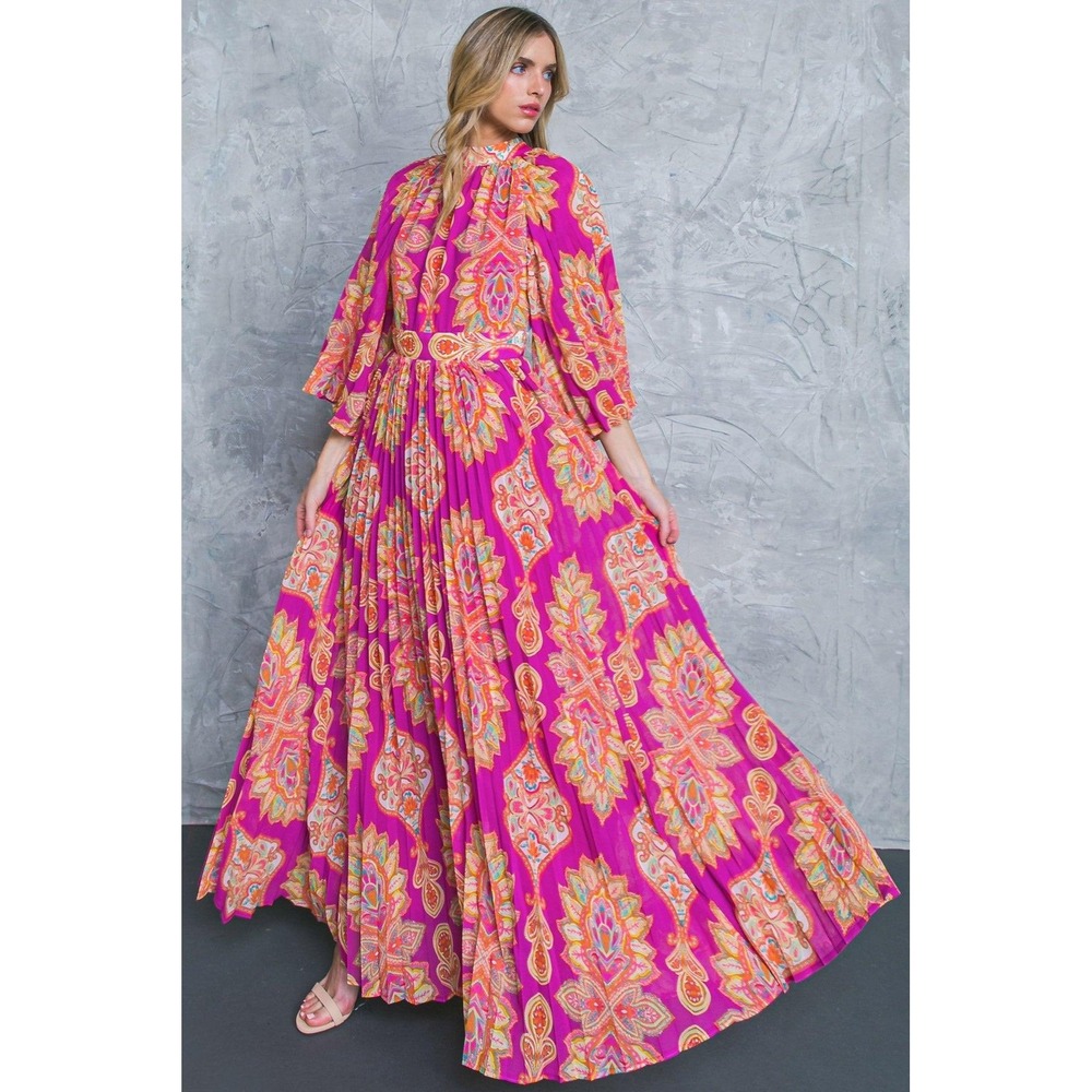 Flying Tomato Covered By Love Maxi Dress Pink Paisley Pleated Open Back XS